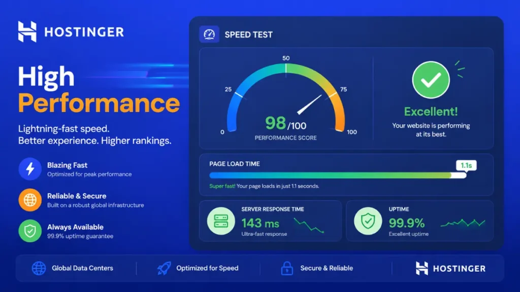 Speed test dashboard showing server response time and uptime results