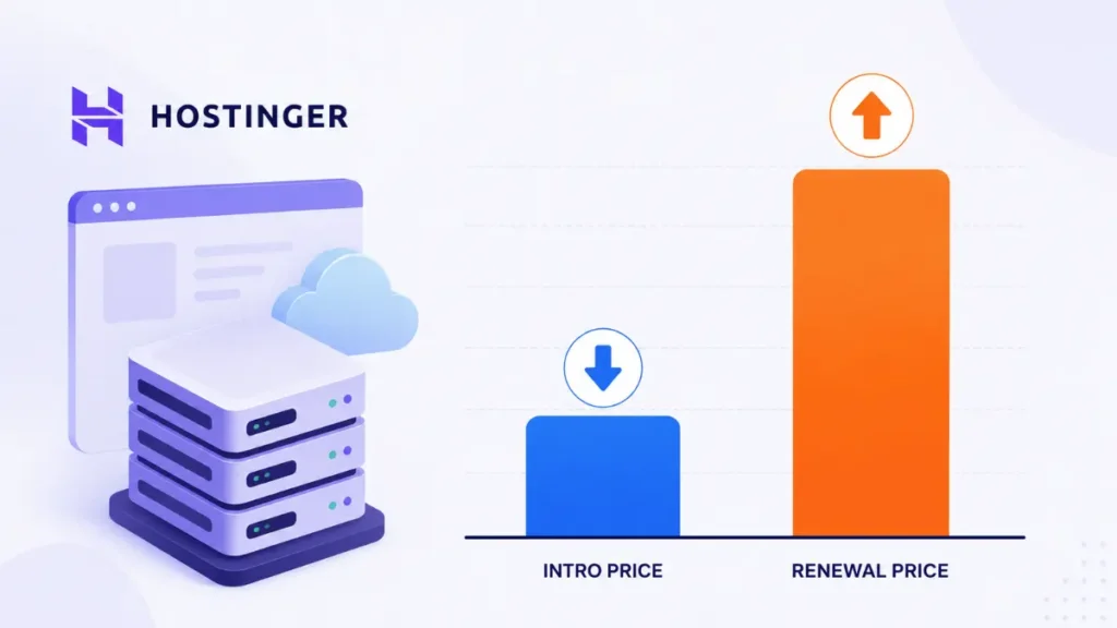 Hostinger review 2026 pricing chart comparing intro price versus renewal price