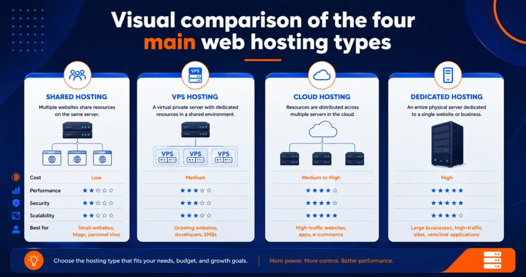 comparison of the four main web hosting types shared, VPS, cloud, and dedicated