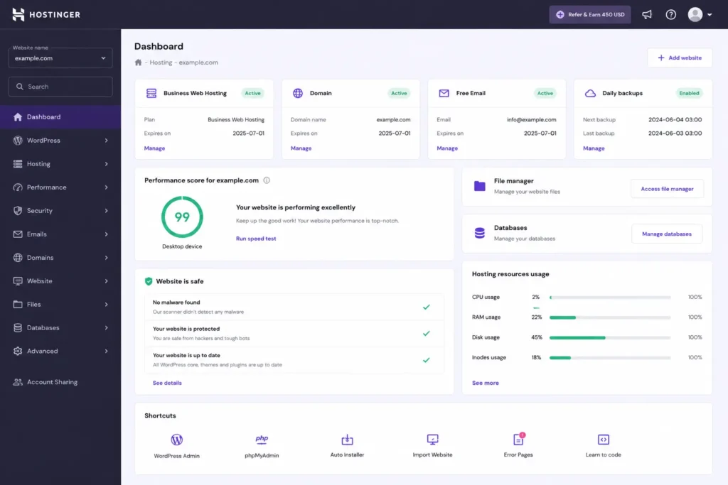 hPanel control panel dashboard layout for beginner website setup