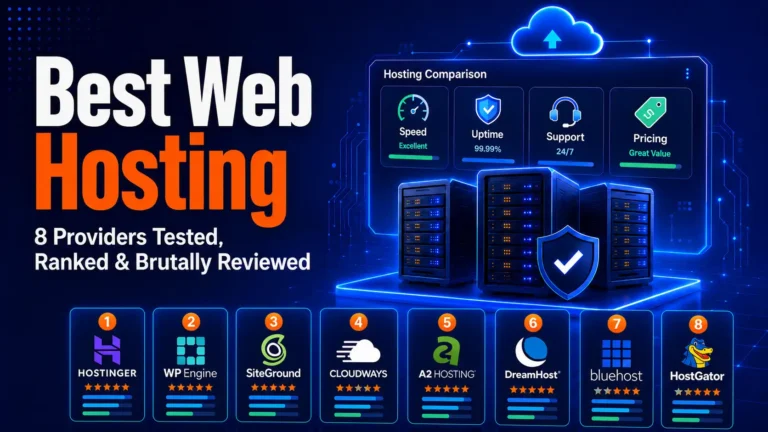 Best Web Hosting comparison with 8 providers tested and ranked, including Hostinger, WP Engine, SiteGround, Cloudways, A2 Hosting, DreamHost, Bluehost, and HostGator.