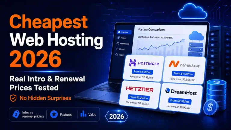 Cheapest web hosting 2026 comparison featuring Hostinger, Namecheap, Hetzner and DreamHost with intro and renewal pricing.