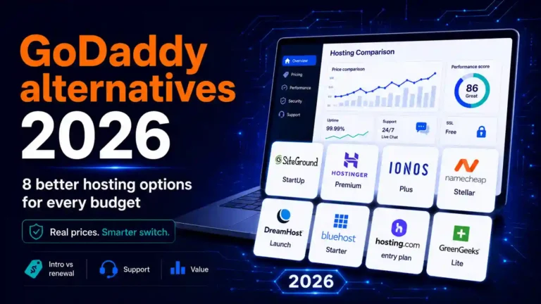 GoDaddy alternatives 2026 comparison featuring eight hosting plans: SiteGround StartUp, Hostinger Premium, IONOS Plus, Namecheap Stellar, DreamHost Launch, Bluehost Starter, Hosting.com entry plan, and GreenGeeks Lite.