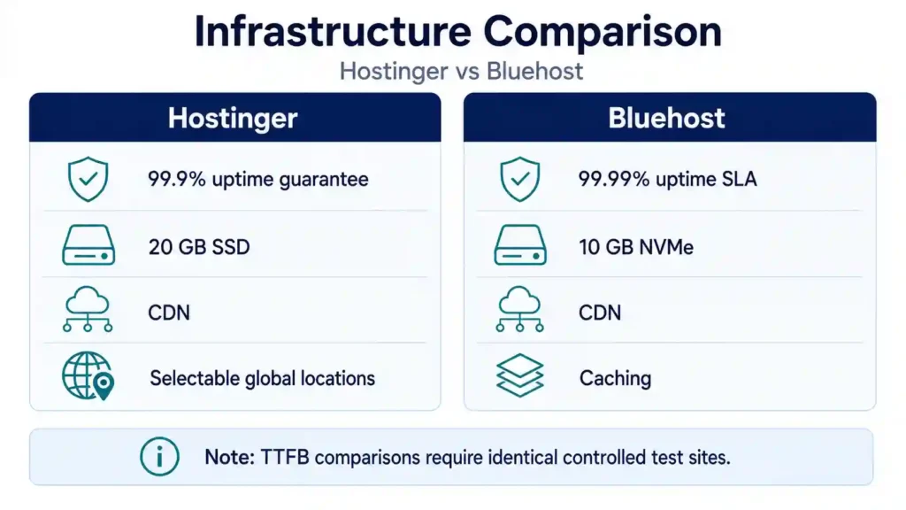 Hostinger and Bluehost infrastructure comparison with uptime SLA, storage, CDN, caching and server-location control