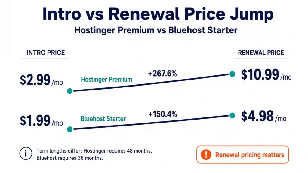 Hostinger vs Bluehost 2026 pricing chart showing $2.99 to $10.99 and $3.99 to $9.99 with different term lengths