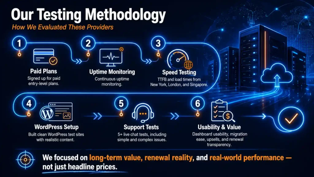 Best web hosting 2026 testing methodology infographic showing how providers were evaluated for paid plans, uptime, speed, WordPress setup, support quality, usability, and overall value