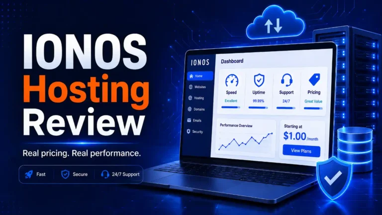 IONOS hosting review featured image showing a hosting dashboard, speed and uptime metrics, pricing, support, cloud infrastructure, and secure servers