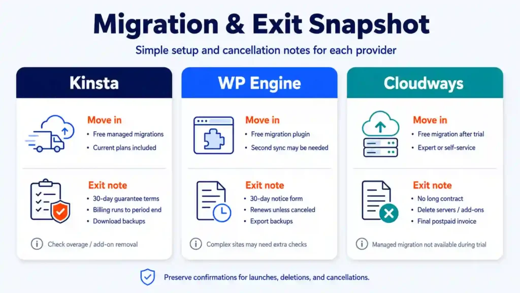 Comparison of migration and cancellation policies for Kinsta, WP Engine, and Cloudways, highlighting migration options, backup steps, notice requirements, billing terms, and trial limitations.