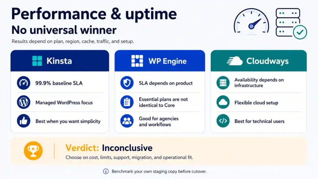 Performance and uptime comparison of Kinsta, WP Engine, and Cloudways, showing different SLA terms and hosting models, with an inconclusive verdict and a recommendation to benchmark a staging copy before migration.