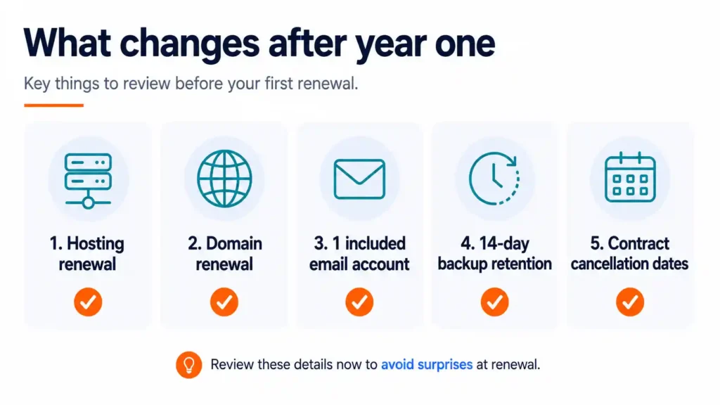 IONOS hidden costs checklist covering renewal pricing, domain renewal, email limits, backup retention, and cancellation terms.