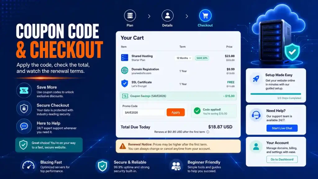 namecheap coupon code 2026 checkout screen showing promo validation, final cart price, and renewal notice namecheap coupon code 2026 checkout screen showing promo validation, final cart price, and renewal notice