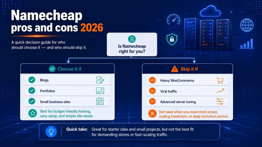 namecheap pros and cons 2026 decision flow for small websites, budget WordPress users, and growing stores