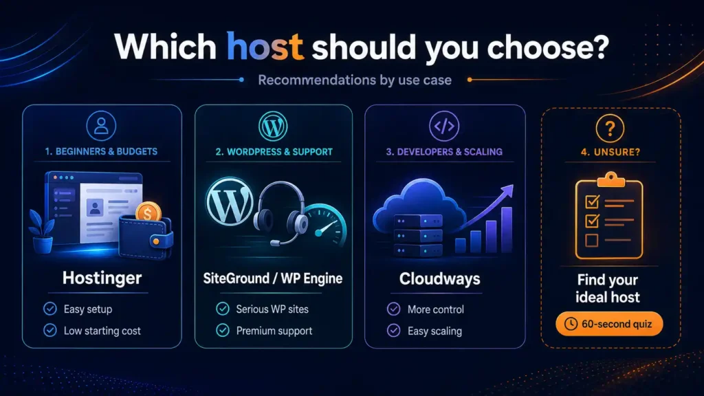 Infographic showing web hosting recommendations by use case, with Hostinger for beginners and budgets, SiteGround or WP Engine for WordPress support, Cloudways for developers, and a quiz option for unsure users.