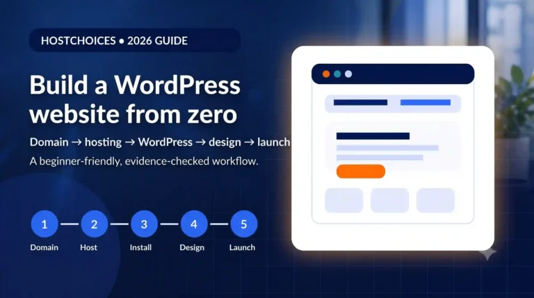 Infographic for the Hostchoices 2026 guide titled "Build a WordPress website from zero". It details a beginner-friendly website creation workflow in five chronological steps: 1. Domain, 2. Host, 3. Install, 4. Design, and 5. Launch. The image also features a simplified webpage mockup inside a browser window against a dark blue background.