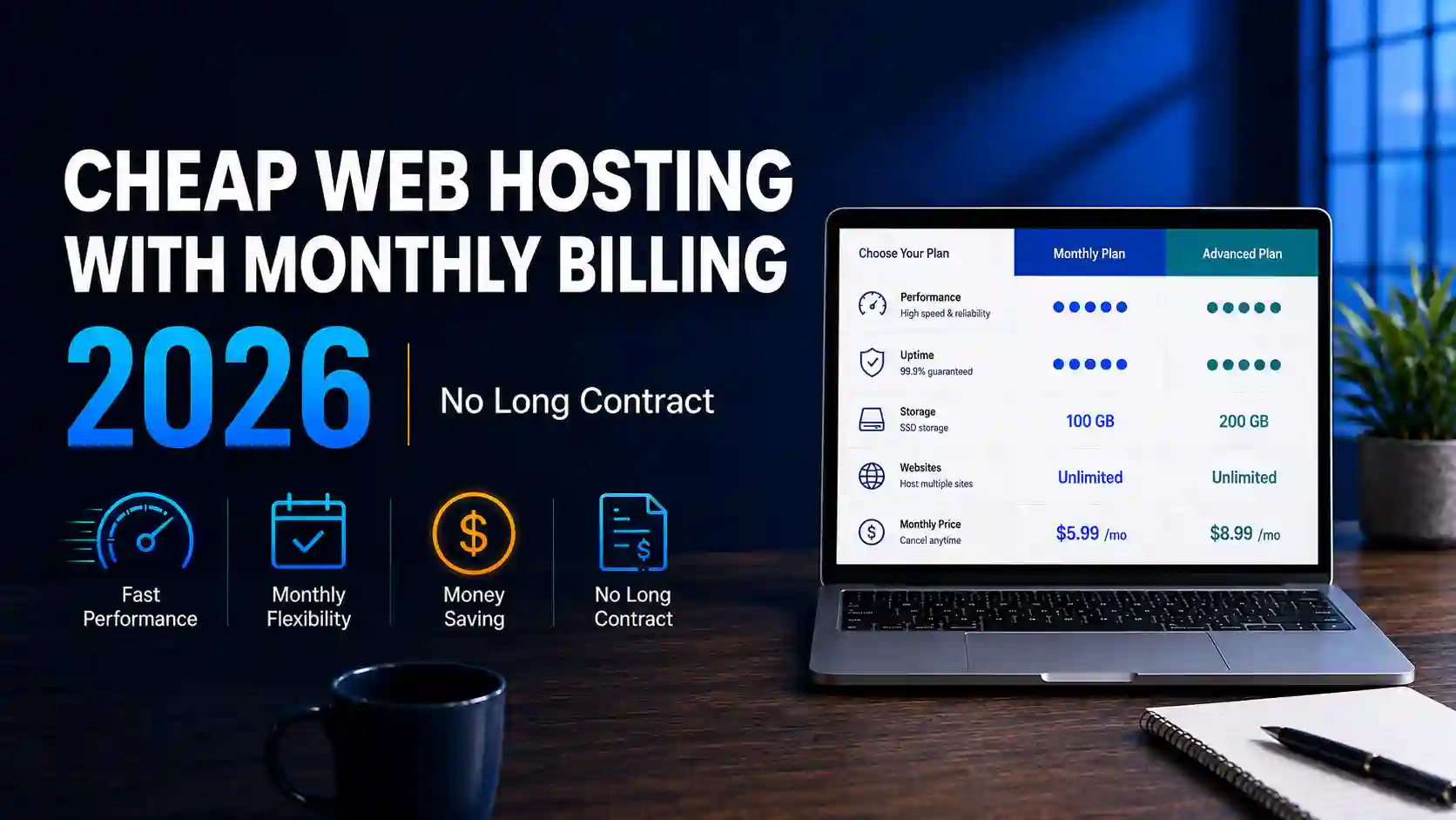 Cheap web hosting with monthly billing in 2026, shown on a laptop with flexible hosting plans and no long contract.