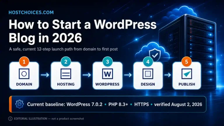 How to Start a WordPress Blog in 2026: étapes Domain, Hosting, WordPress, Design et Publish sur fond de serveur web sécurisé.