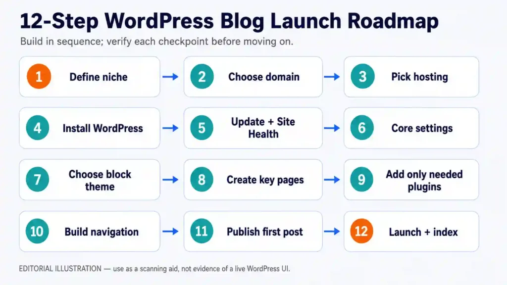 How to Start a WordPress Blog: Twelve-step WordPress blog launch roadmap from niche selection through publishing and indexing.
