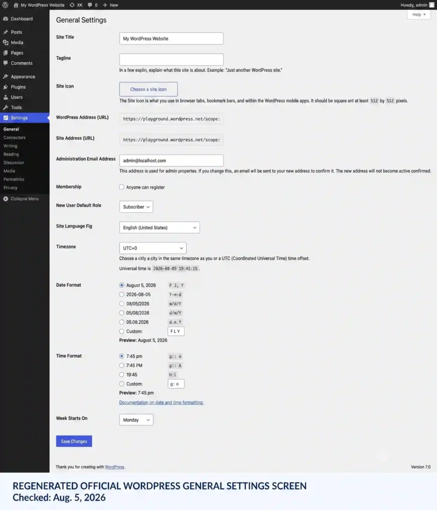 WordPress admin General Settings page showing site title, URL, email, language, timezone, date and time formats, and the Save Changes button.