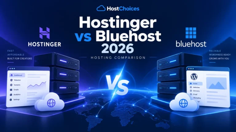 Hostinger vs Bluehost 2026 hosting comparison infographic featuring server infrastructure, WordPress hosting dashboards, cloud technology, and web hosting features.