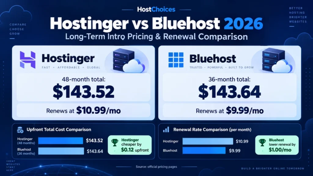 Hostinger vs Bluehost 2026 comparison infographic showing pricing, renewal costs, LiteSpeed server, data centers, uptime SLA, and hosting features comparison.