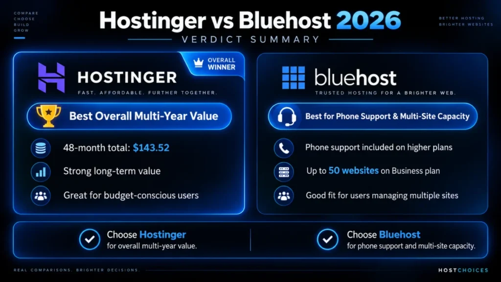 Hostinger vs Bluehost 2026 verdict summary infographic comparing multi-year value, phone support, multi-site capacity, pricing, and hosting features.
