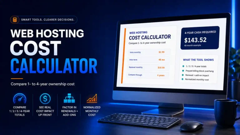 Web hosting cost calculator showing 1- to 4-year hosting costs, renewal pricing, and total cash required on a desktop computer.