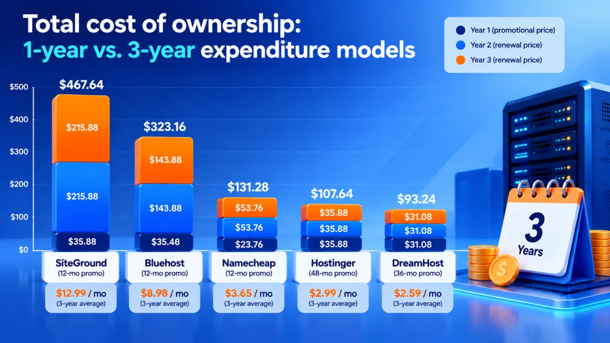 Web hosting deals by total cost: 1-year vs. 3-year models editorial illustration